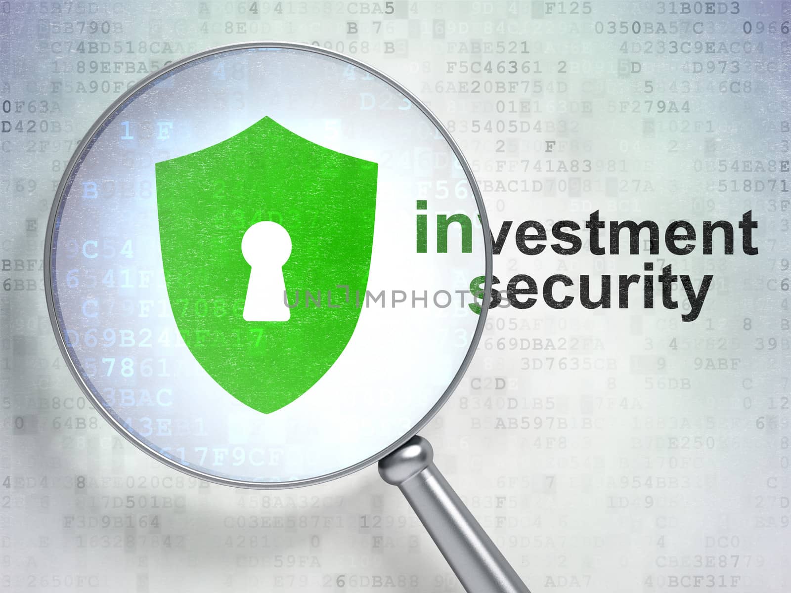 Magnifying optical glass with Shield With Keyhole icon and Investment Security word on digital background, 3d render