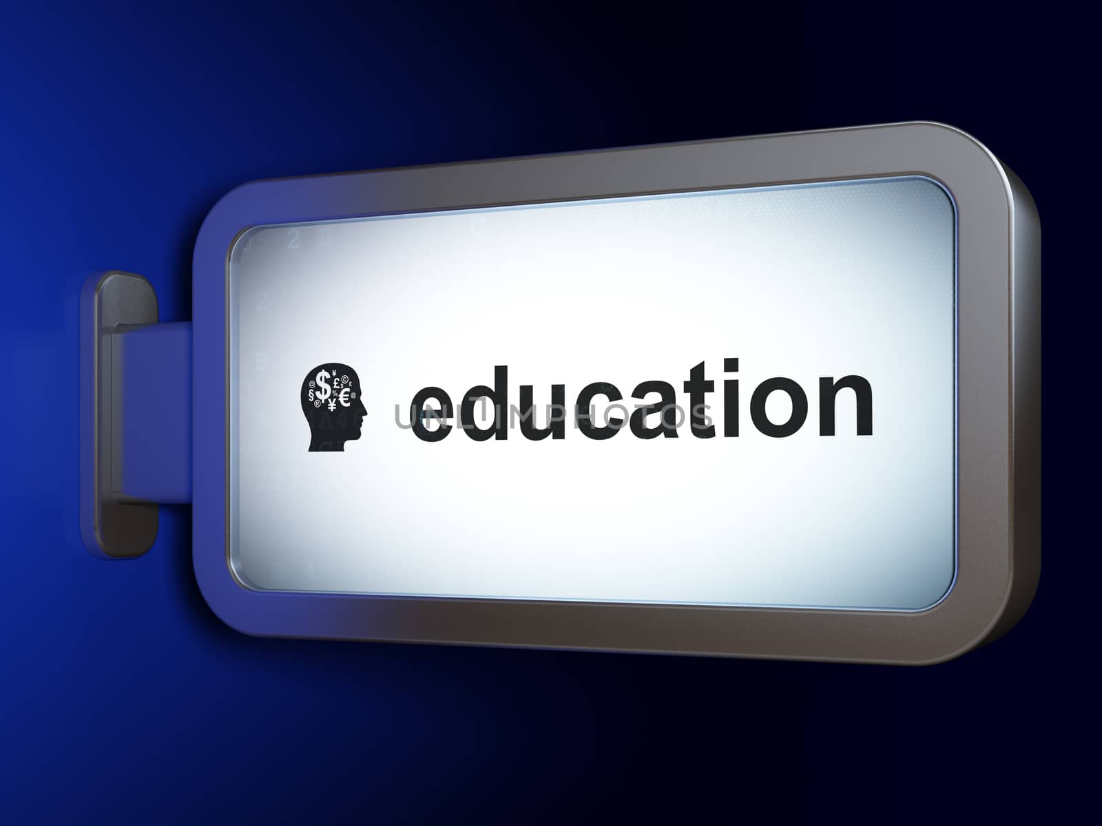 Education concept: Education and Head With Finance Symbol on advertising billboard background, 3d render