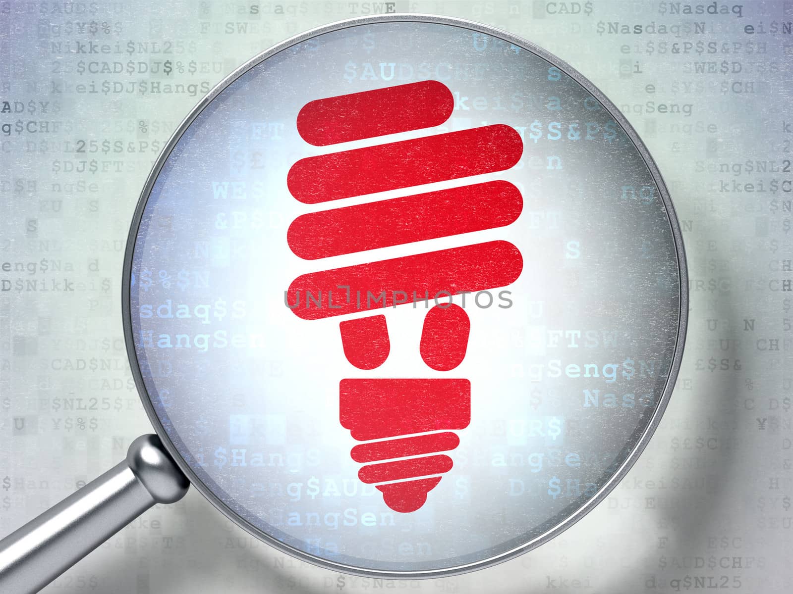 Magnifying optical glass with Energy Saving Lamp icon on digital background, 3d render
