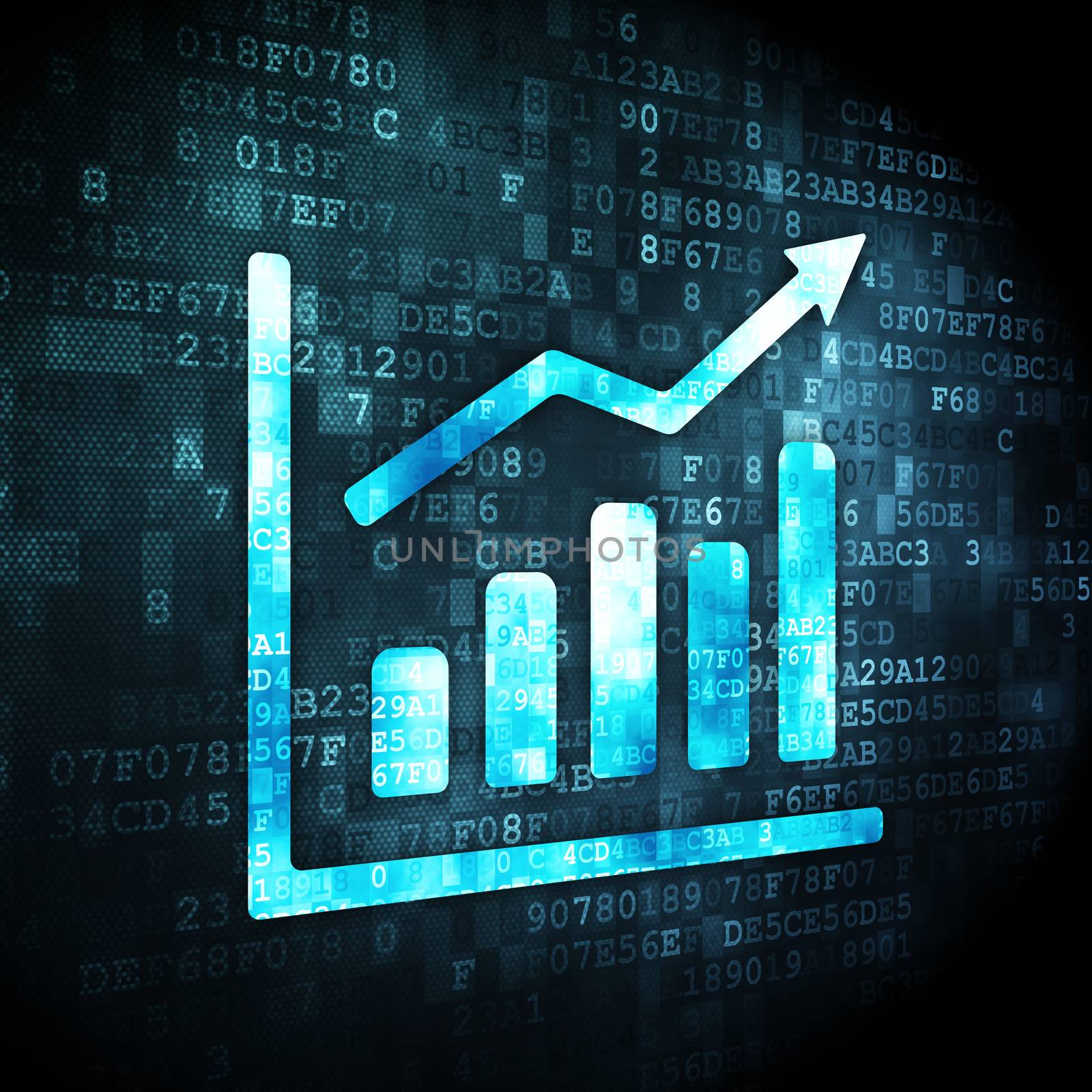 Marketing concept: pixelated Growth Graph icon on digital background, 3d render