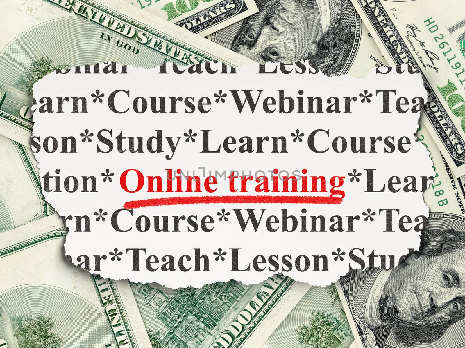 Education concept: torn newspaper with words Online Training on Money background, 3d render
