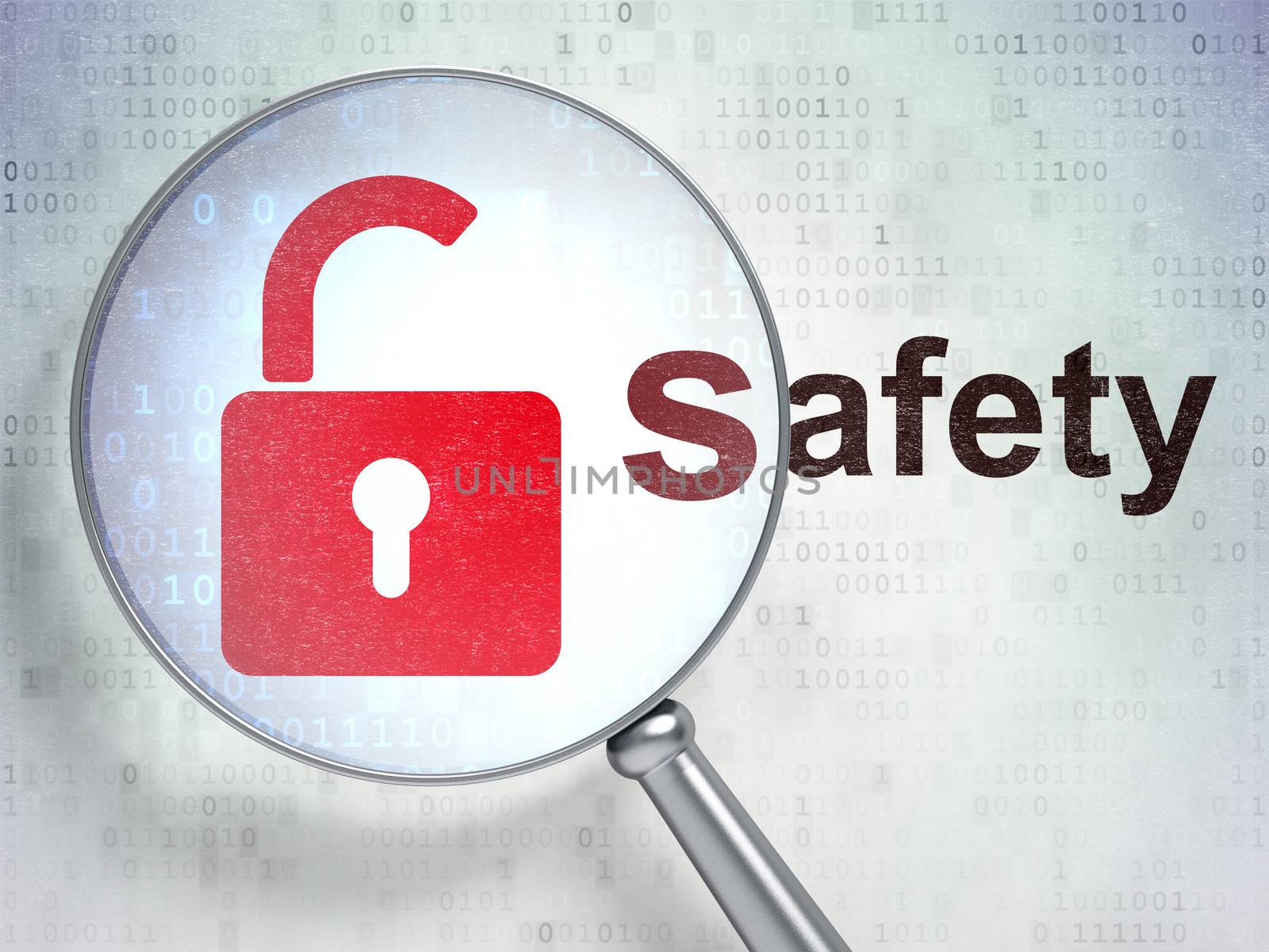 Magnifying optical glass with Opened Padlock icon and Safety word on digital background, 3d render