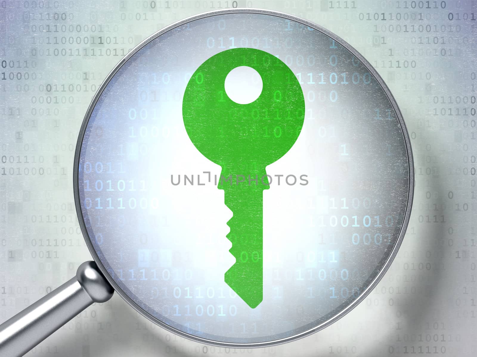 Magnifying optical glass with Key icon on digital background, 3d render