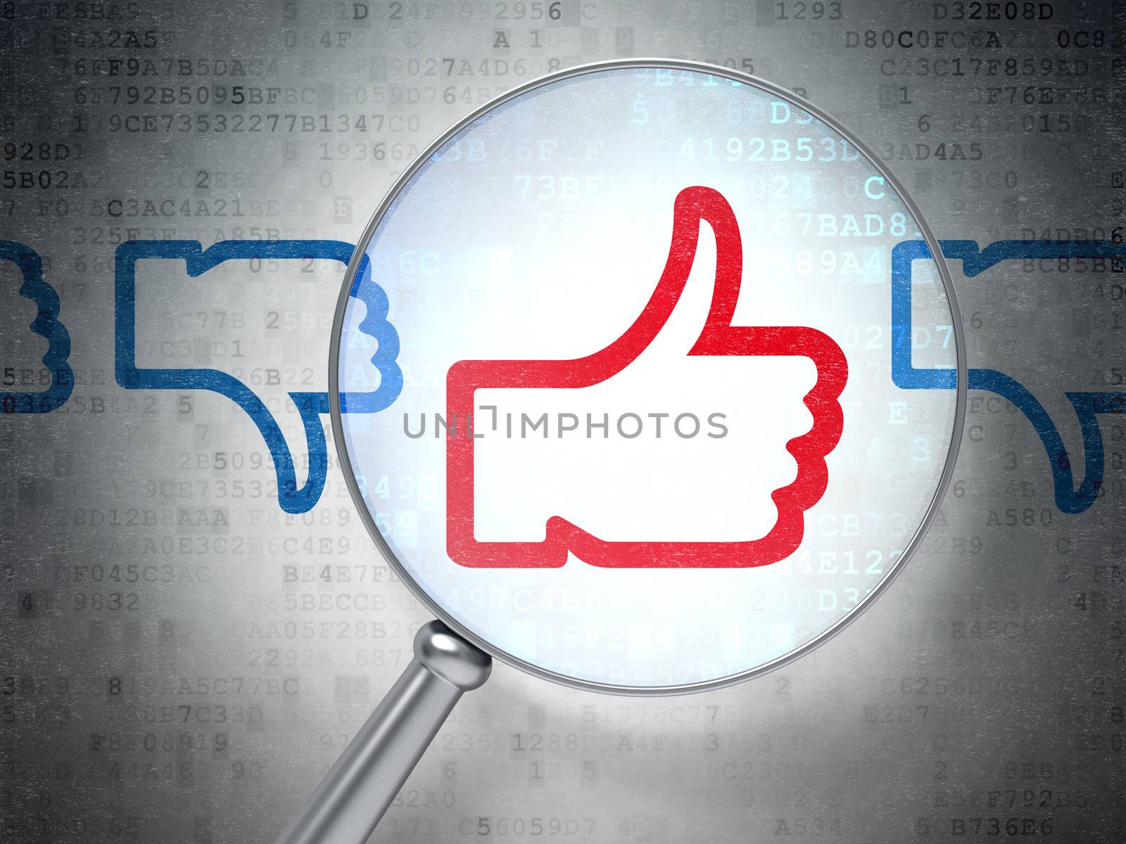 Magnifying optical glass with Like, Unlike icons on digital background, 3d render
