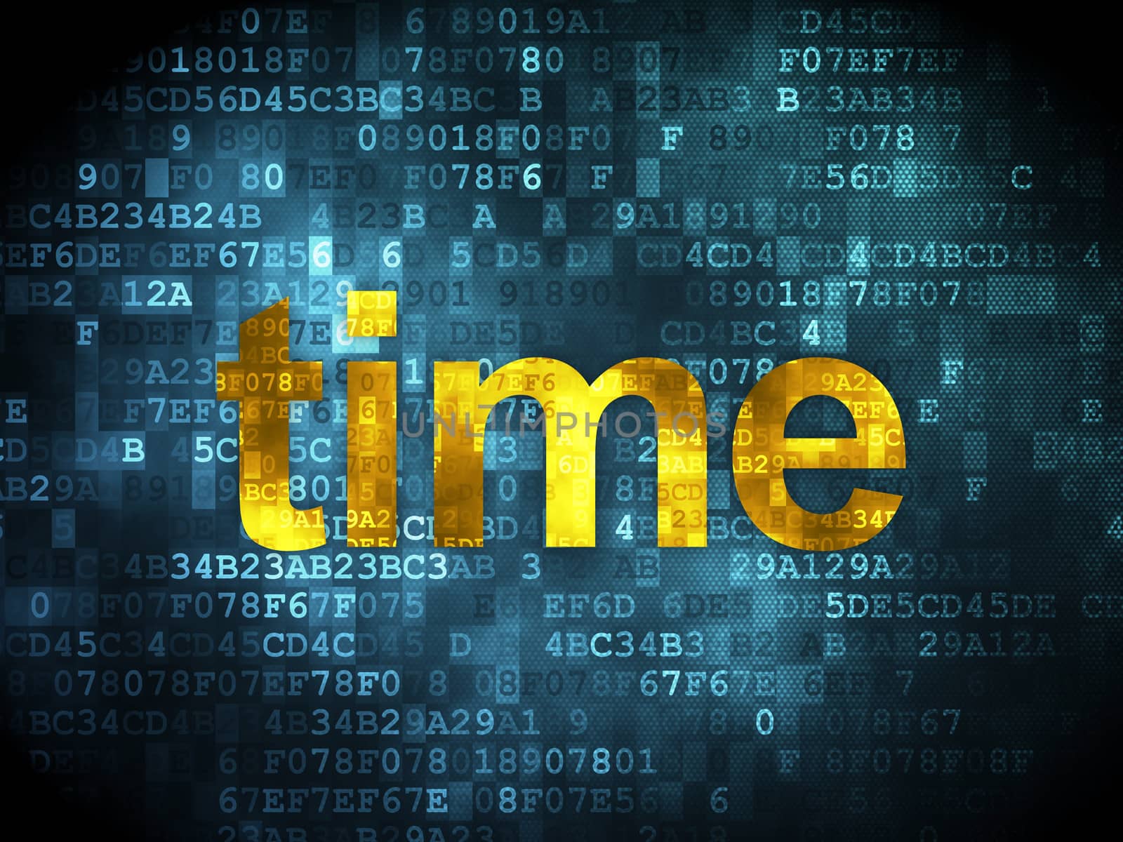 Time concept: pixelated words Time on digital background, 3d render
