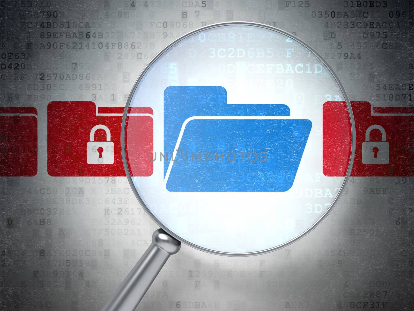 Magnifying optical glass with Folder With Padlock icons on digital background, 3d render