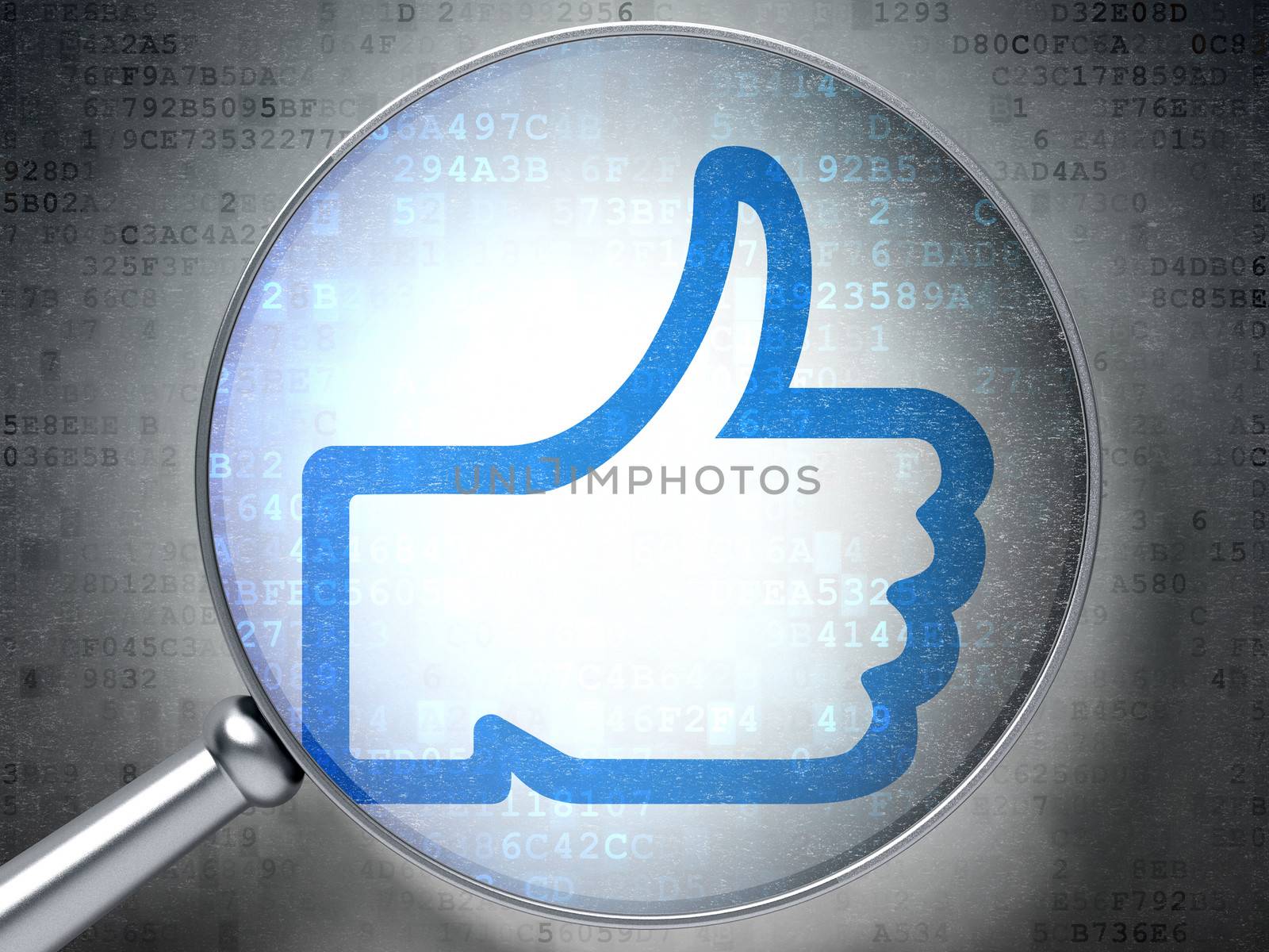 Magnifying optical glass with Like icon on digital background, 3d render