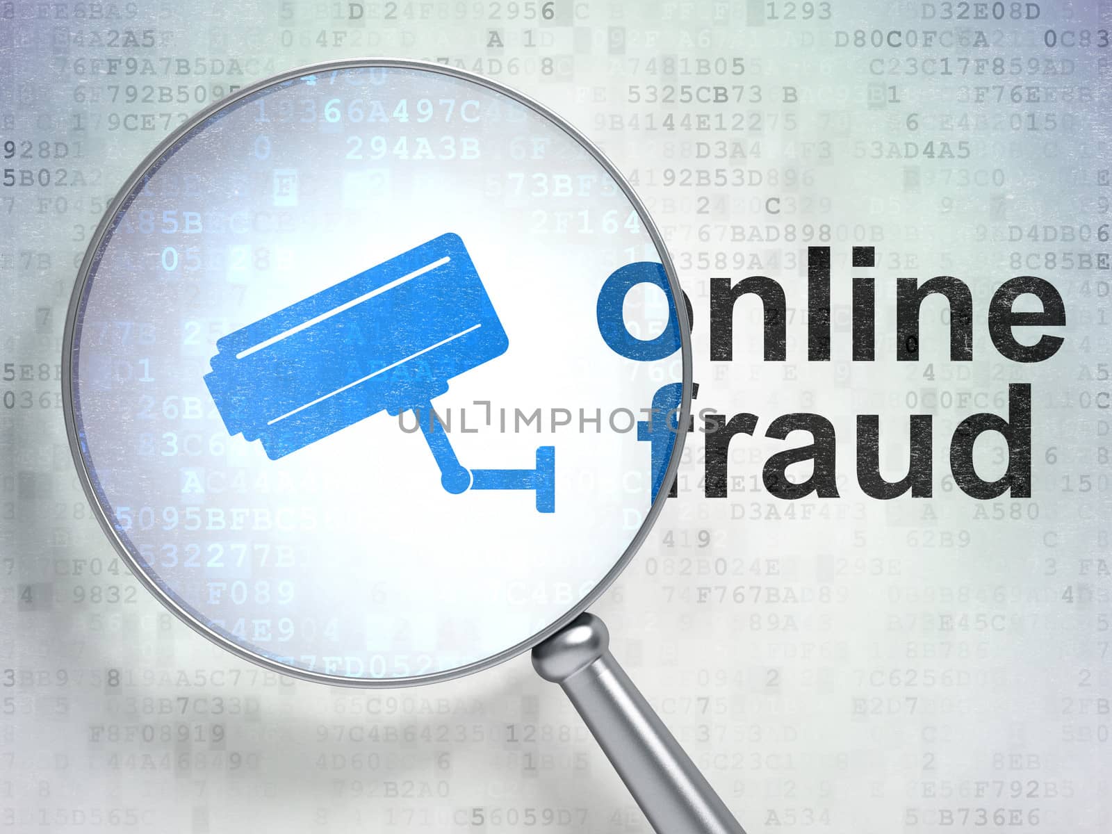 Magnifying optical glass with Cctv Camera icon and Online Fraud word on digital background, 3d render