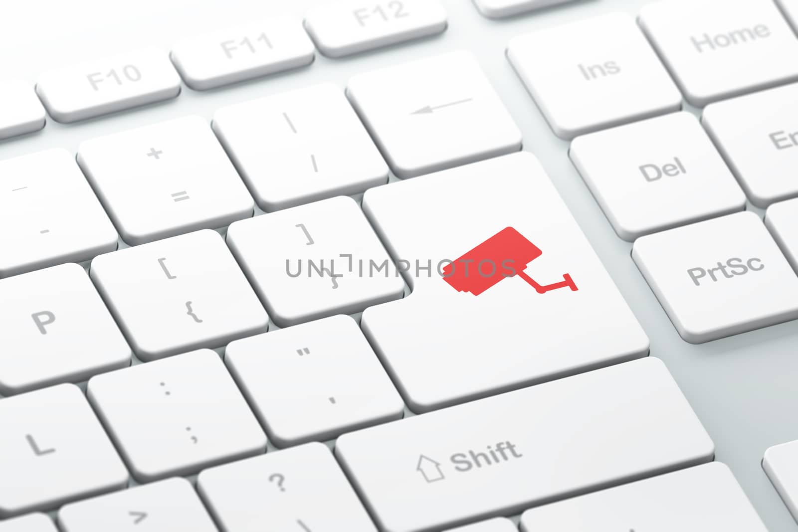 Safety concept: enter button with Cctv Camera on computer keyboard background, 3d render, selected focus
