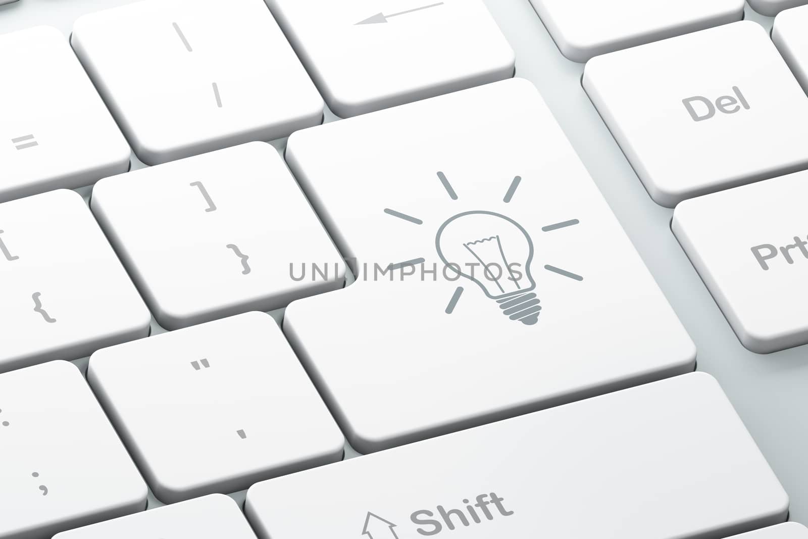 Business concept: Enter button with Light Bulb on computer keyboard background, 3d render