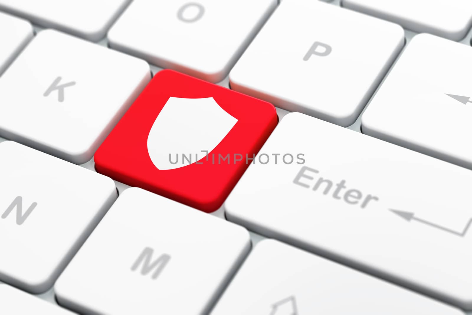 Protection concept: computer keyboard with Shield icon on enter button background, selected focus, 3d render