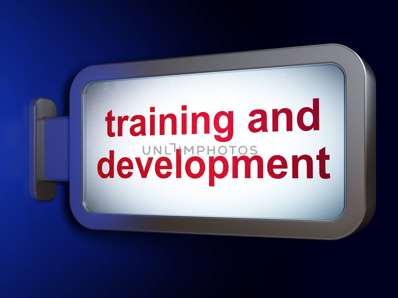 Education concept: Training and Development on advertising billboard background, 3d render