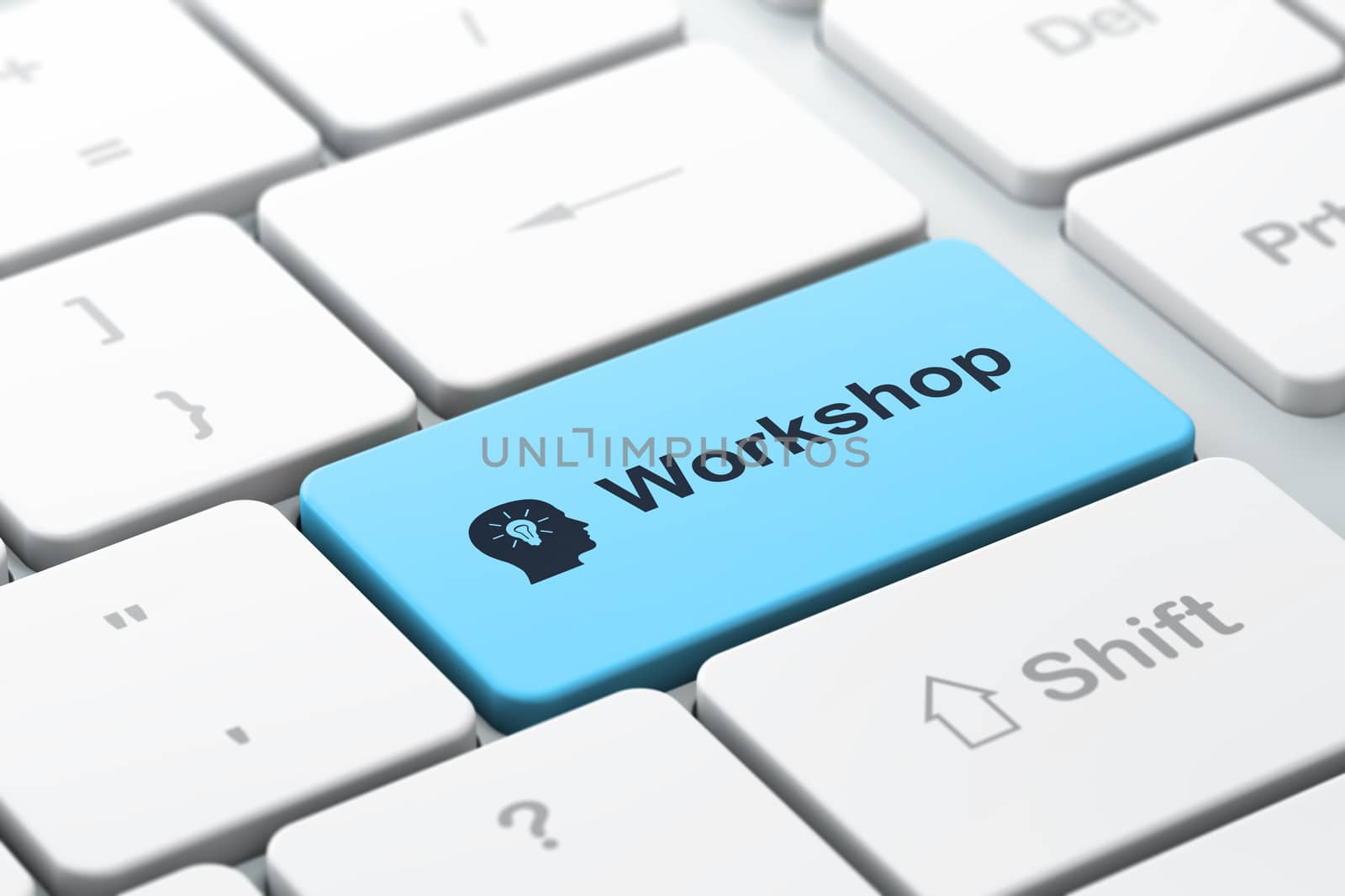 Education concept: computer keyboard with Head With Light Bulb icon and word Workshop, selected focus on enter button, 3d render