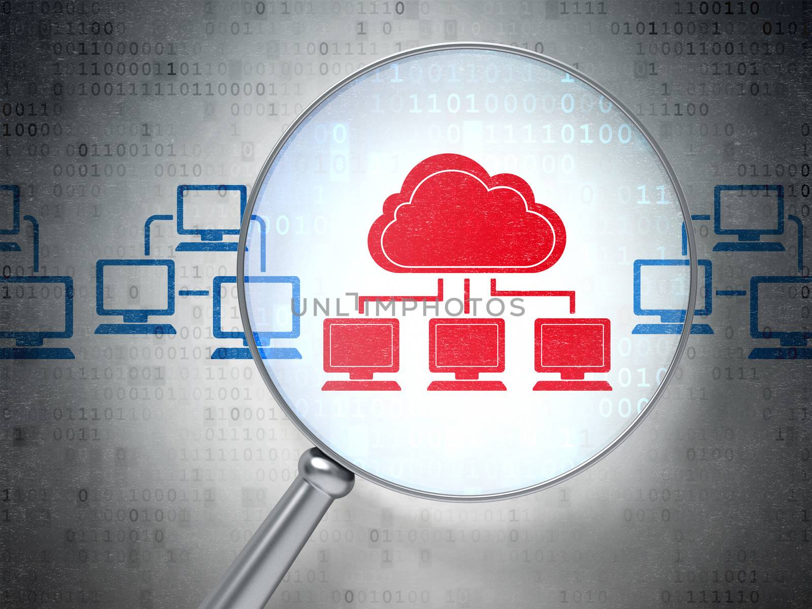 Magnifying optical glass with Cloud Technology icons on digital background, 3d render