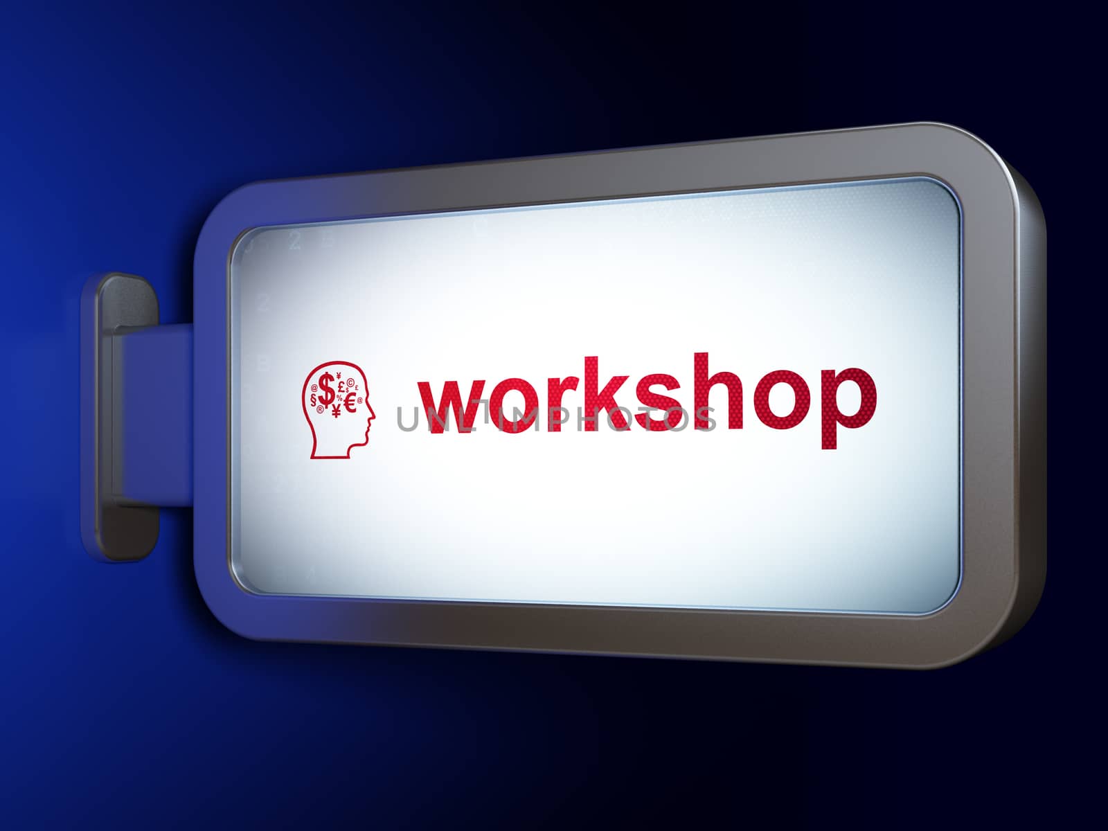 Education concept: Workshop and Head With Finance Symbol on advertising billboard background, 3d render