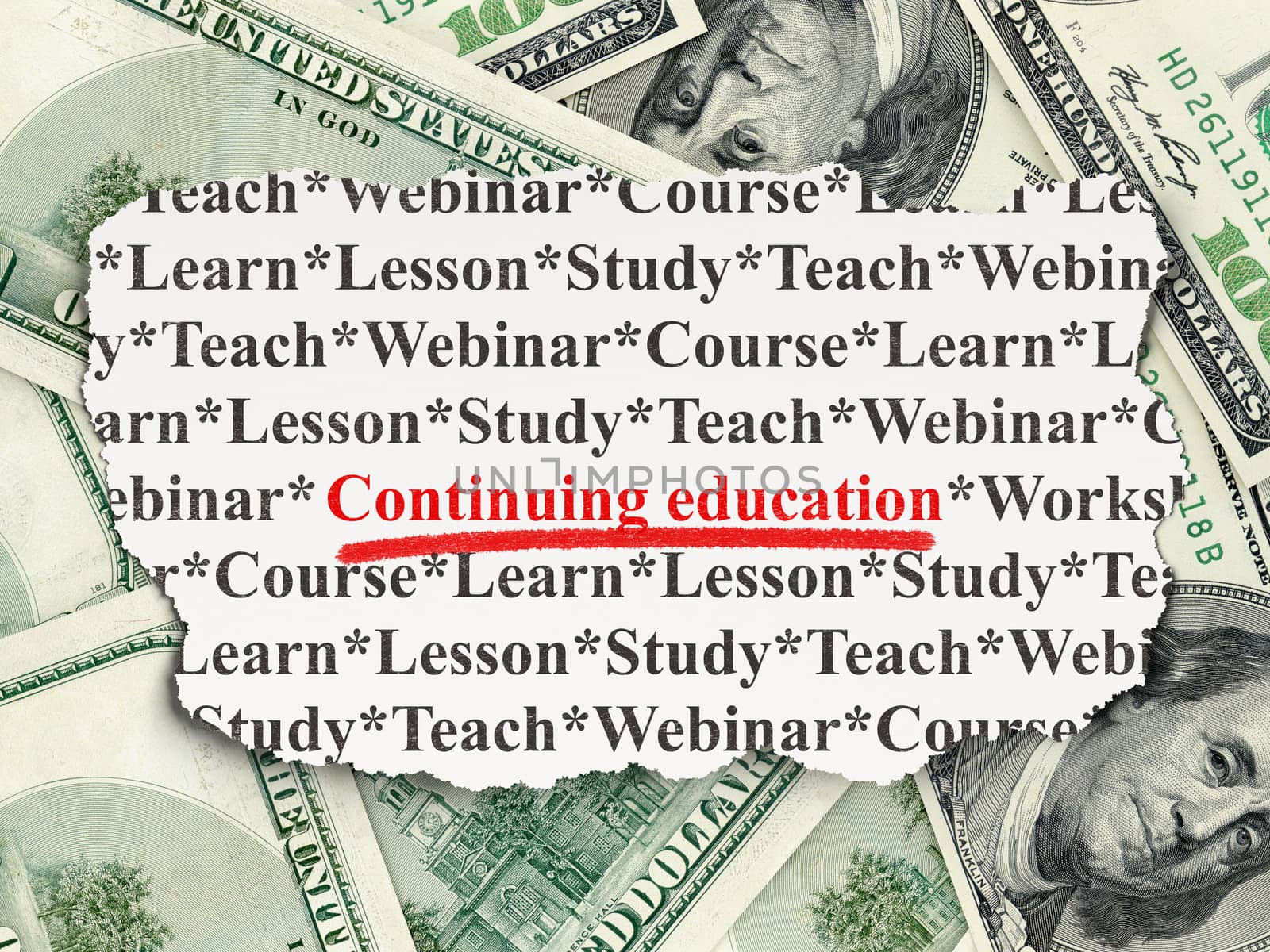 Education concept: torn newspaper with words Continuing Education on Money background, 3d render