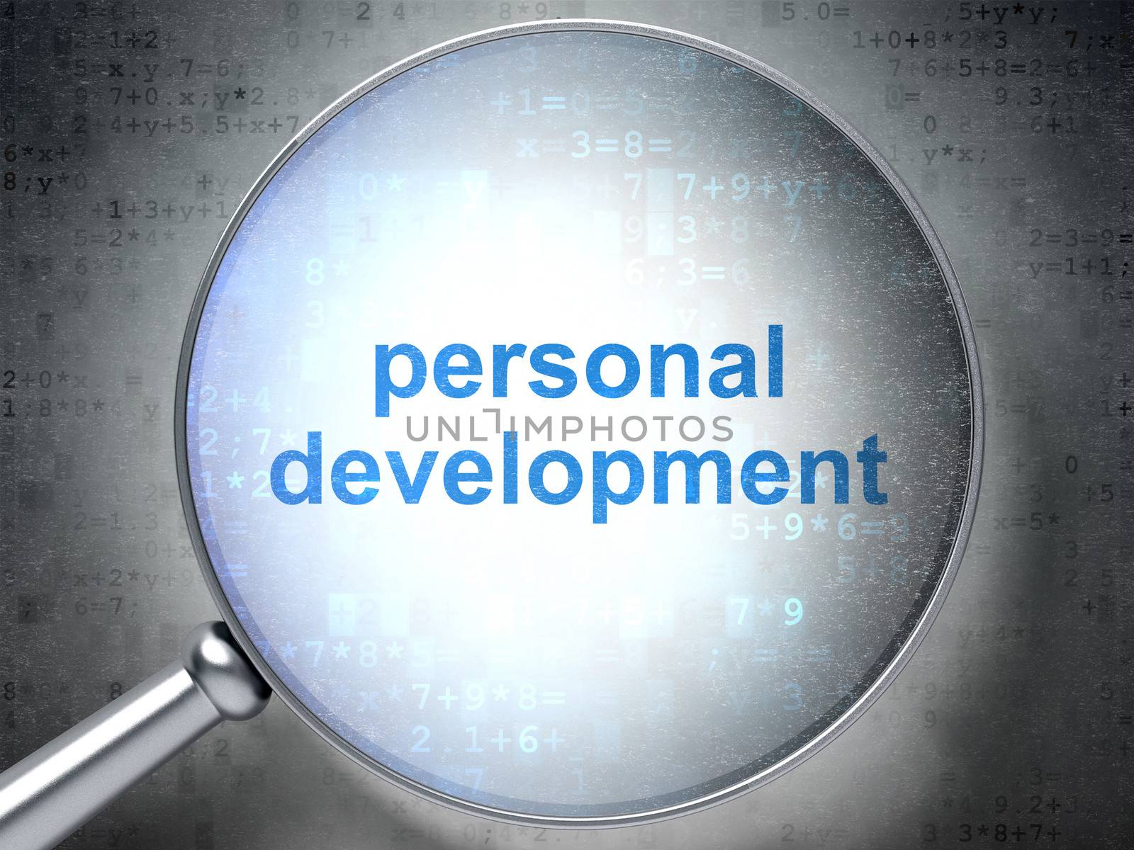 Magnifying optical glass with words Personal Development on digital background, 3d render