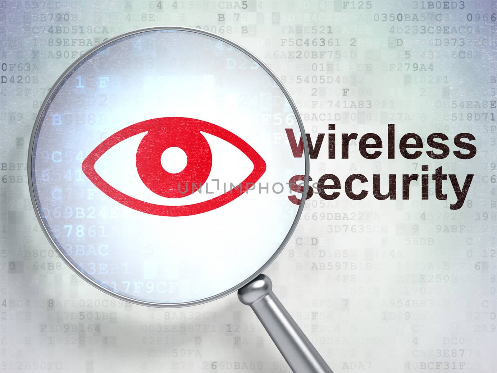Magnifying optical glass with Eye icon and Wireless Security word on digital background, 3d render