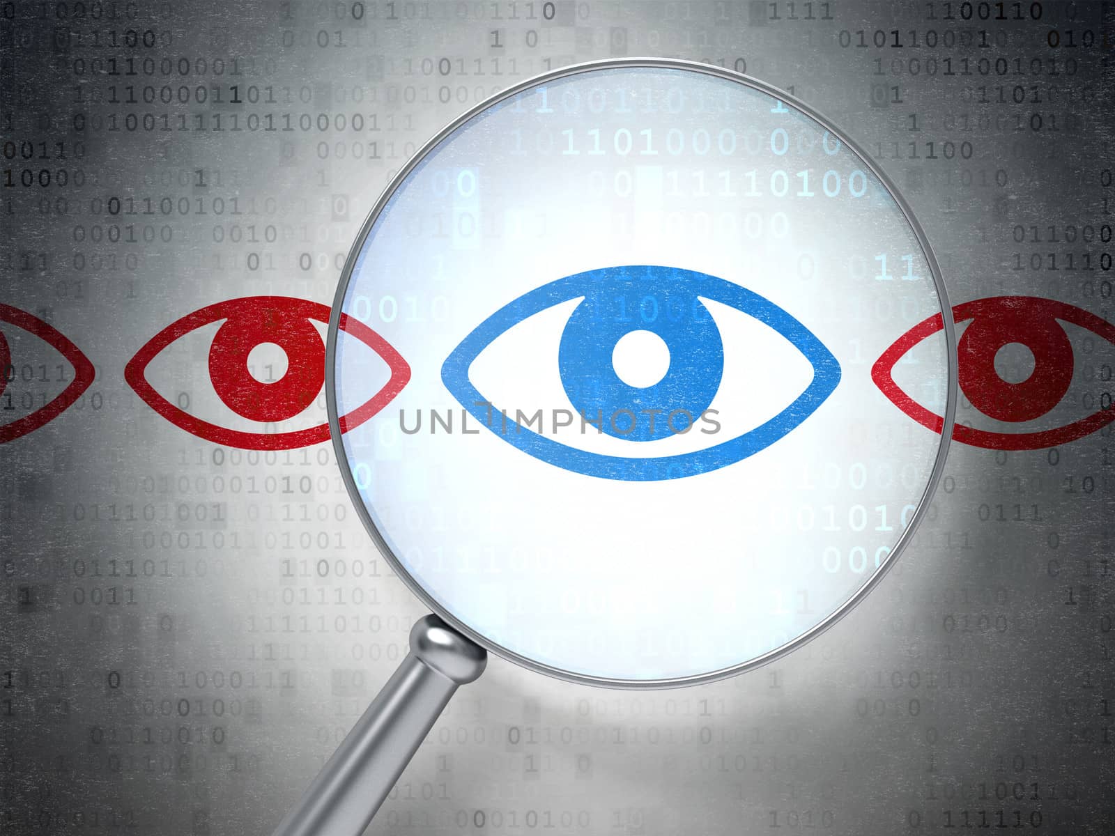 Magnifying optical glass with Eye icons on digital background, 3d render