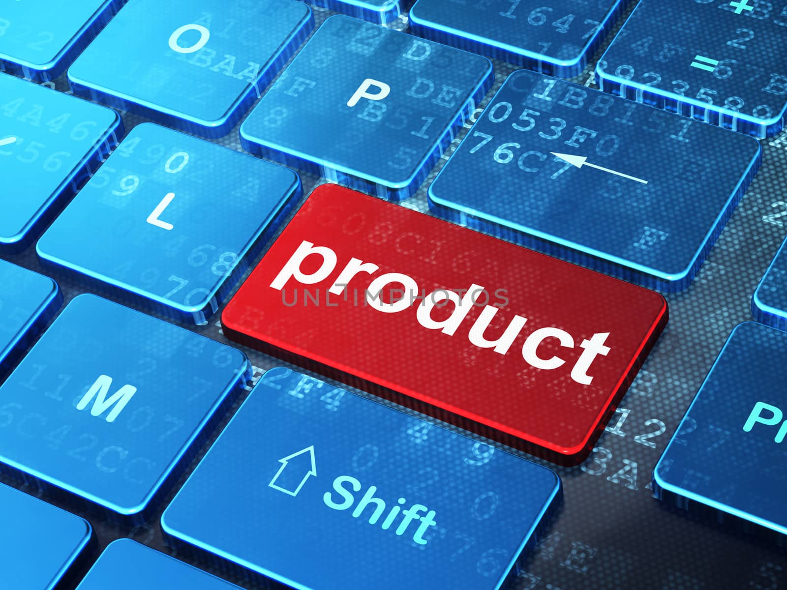 Marketing concept: computer keyboard with word Product on enter button background, 3d render