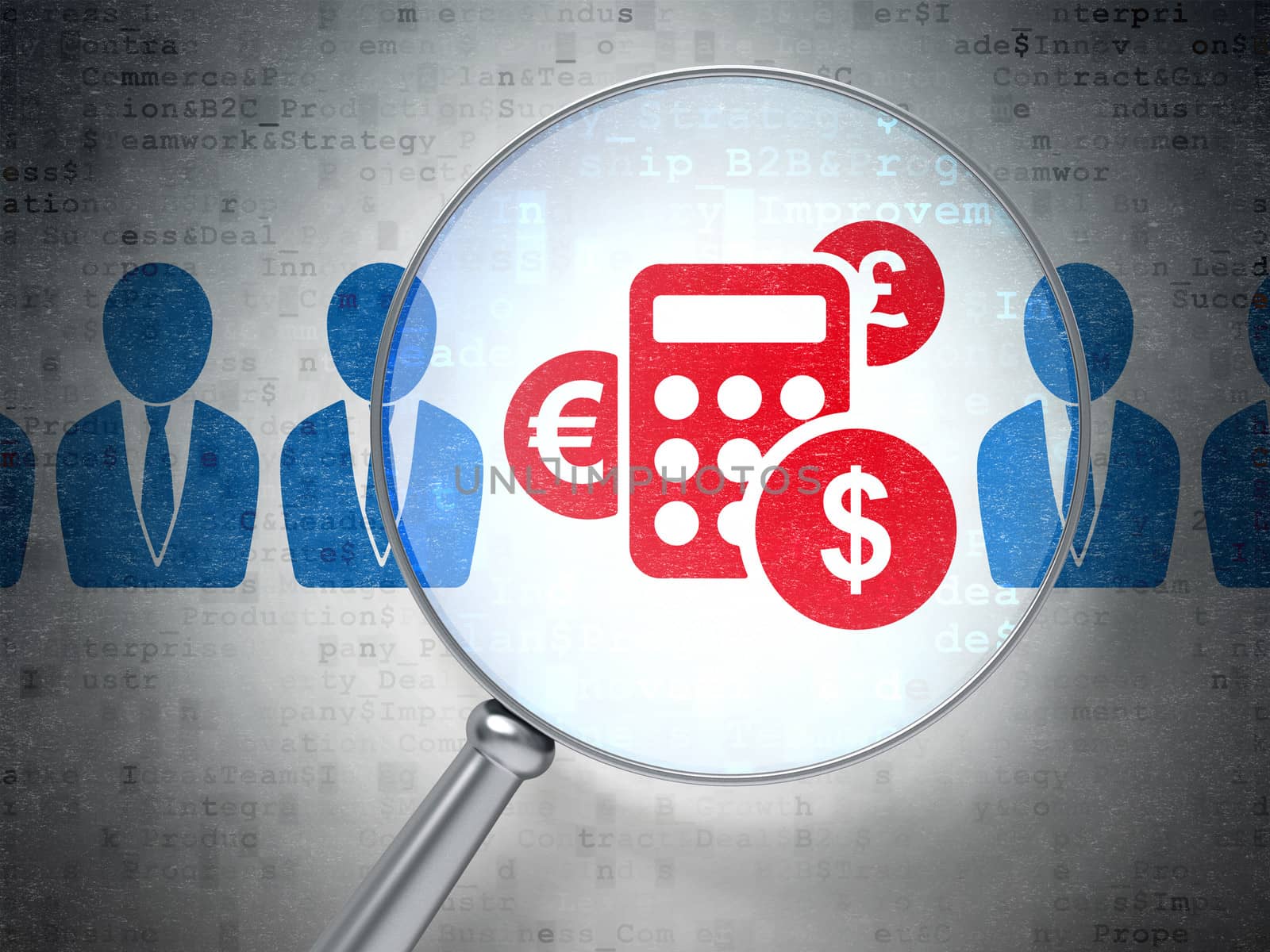 Magnifying optical glass with Business Man And Calculator icons on digital background, 3d render