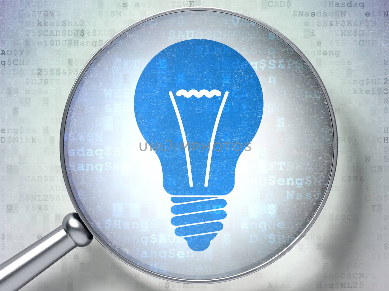 Magnifying optical glass with Light Bulb icon on digital background, 3d render