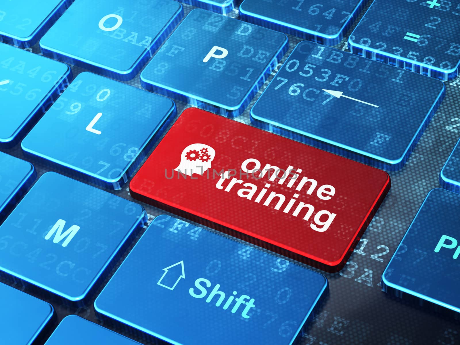 Education concept: computer keyboard with Head With Gears icon and word Online Training on enter button background, 3d render