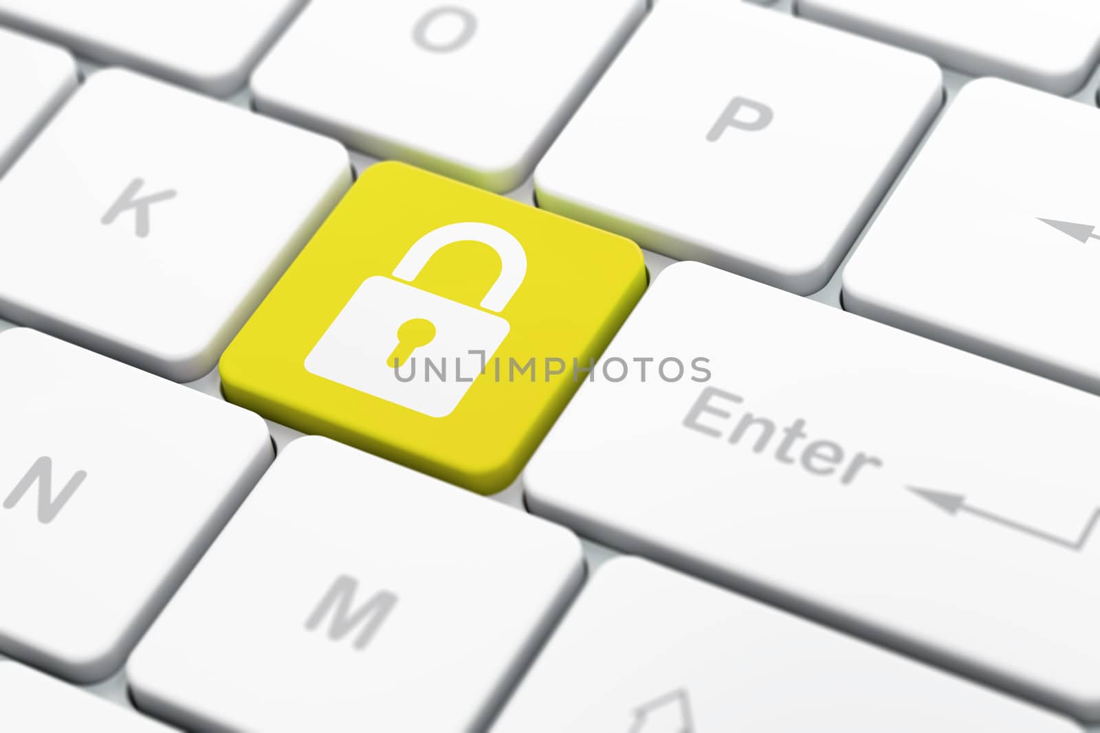 Safety concept: computer keyboard with Closed Padlock icon on enter button background, selected focus, 3d render