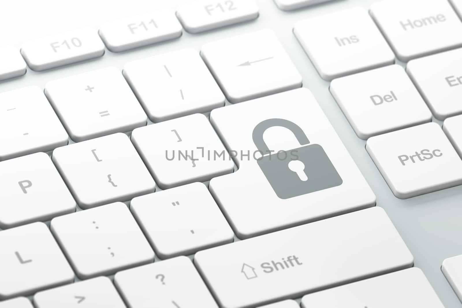 Safety concept: enter button with Closed Padlock on computer keyboard background, 3d render, selected focus