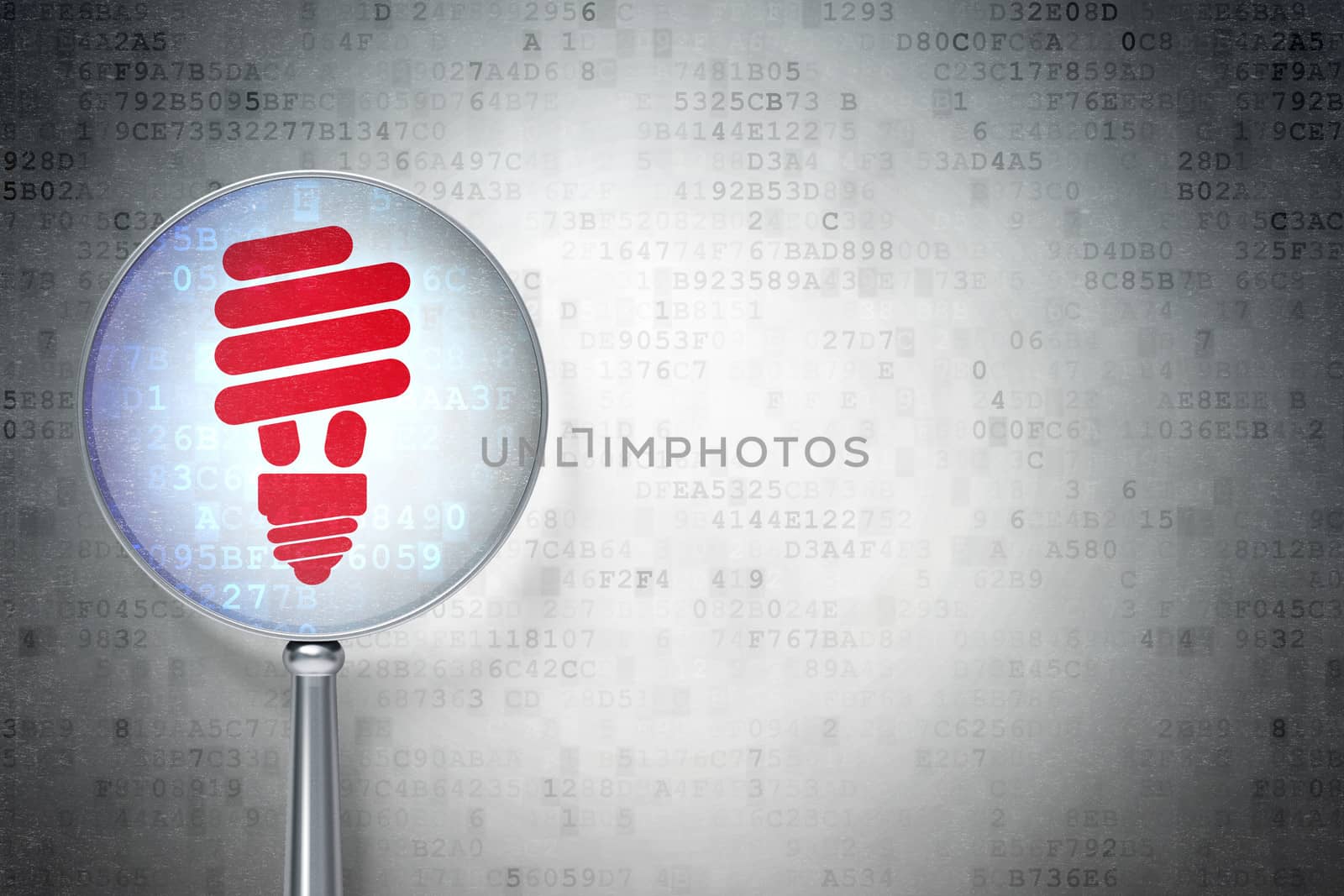 Magnifying optical glass with Energy Saving Lamp icon on digital background, empty copyspace for card, text, advertising, 3d render
