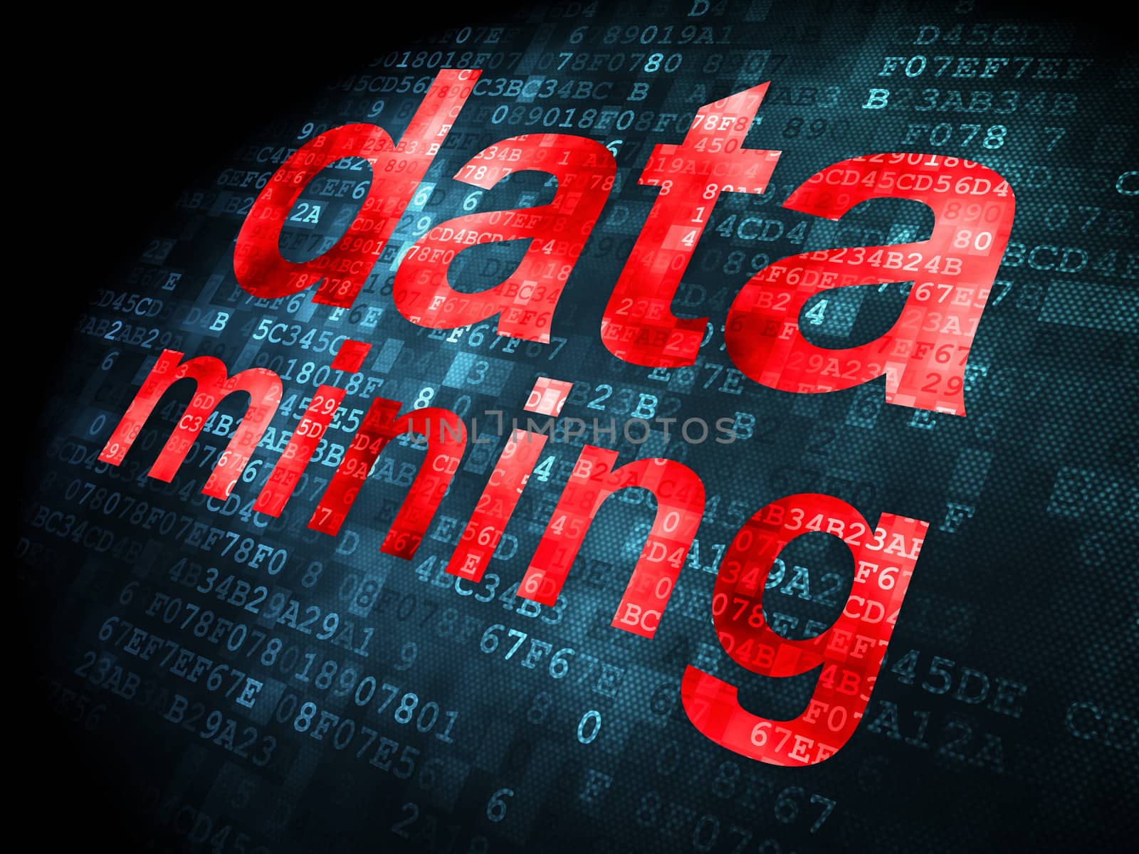 Information concept: pixelated words Data Mining on digital background, 3d render