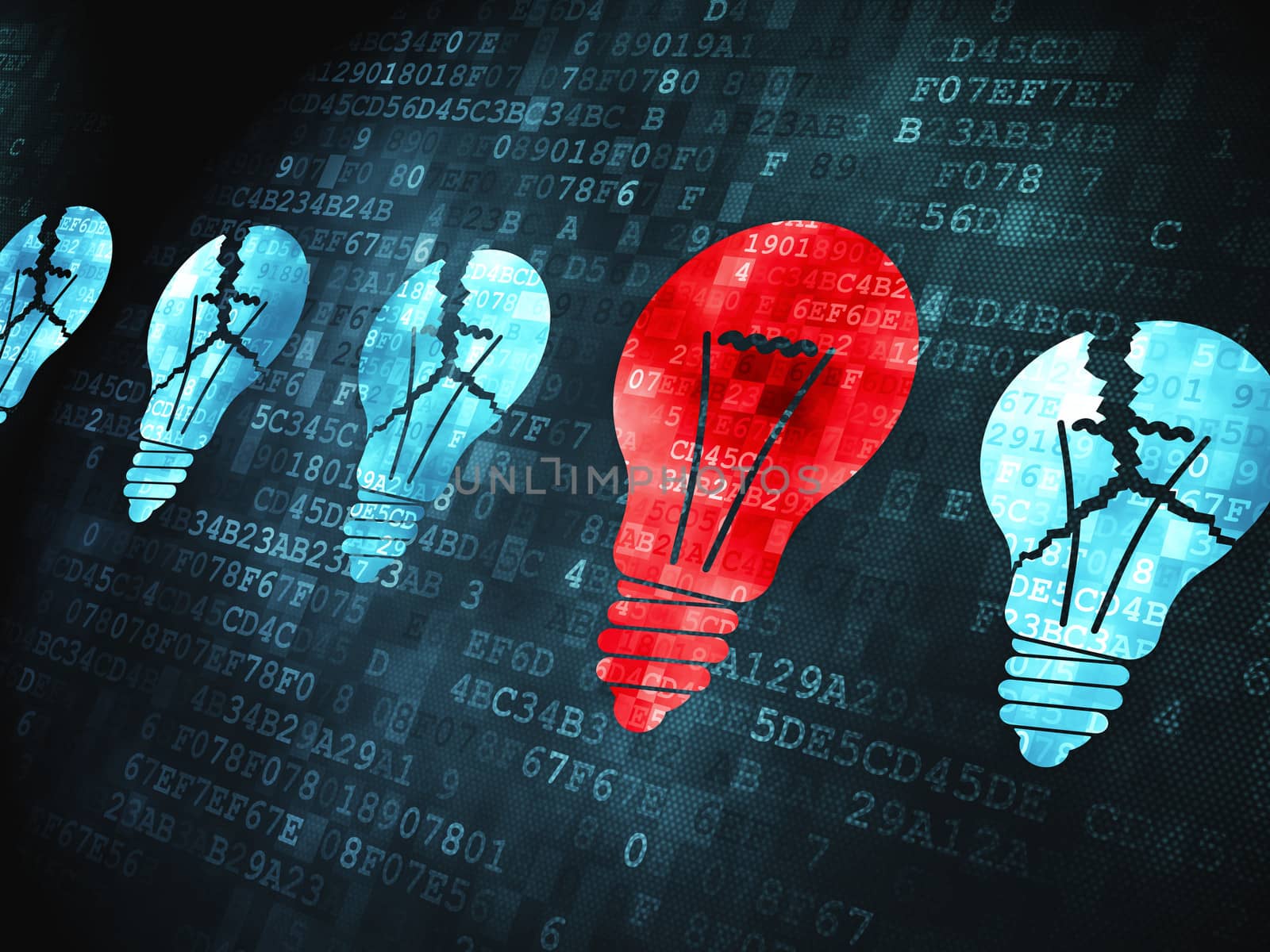Protection finance concept: pixelated Lightbulb icon on digital background, 3d render
