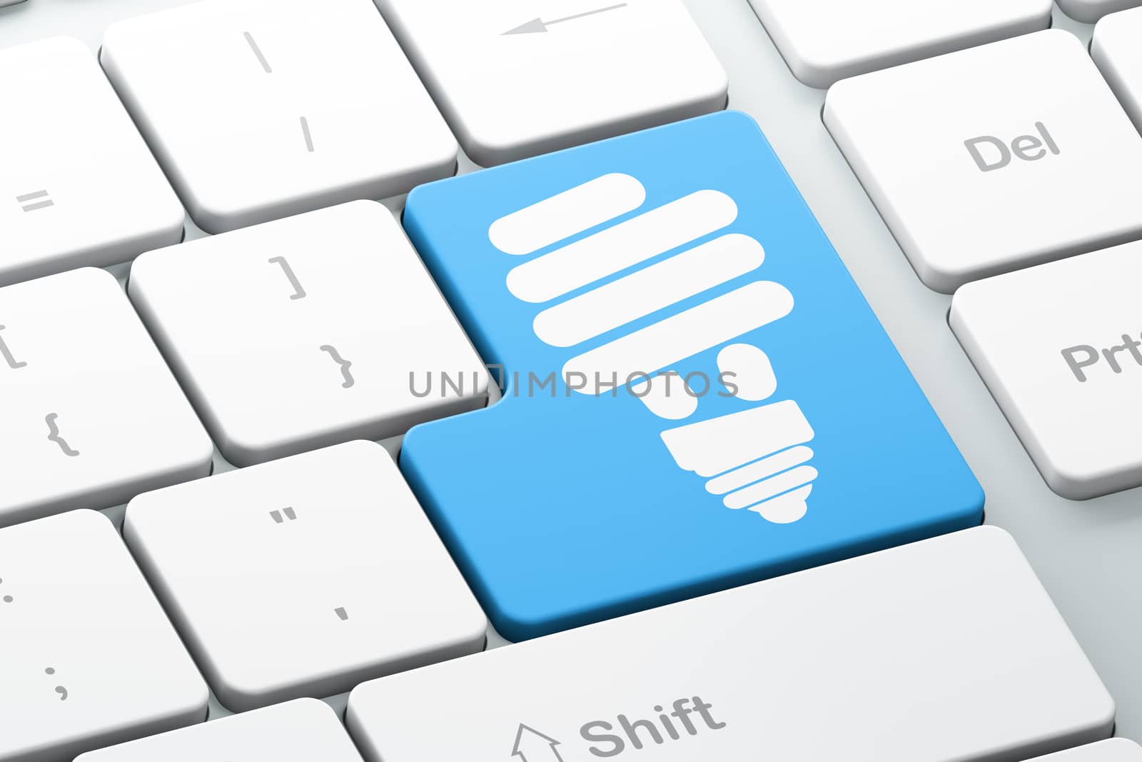Business concept: Enter button with Energy Saving Lamp on computer keyboard background, 3d render