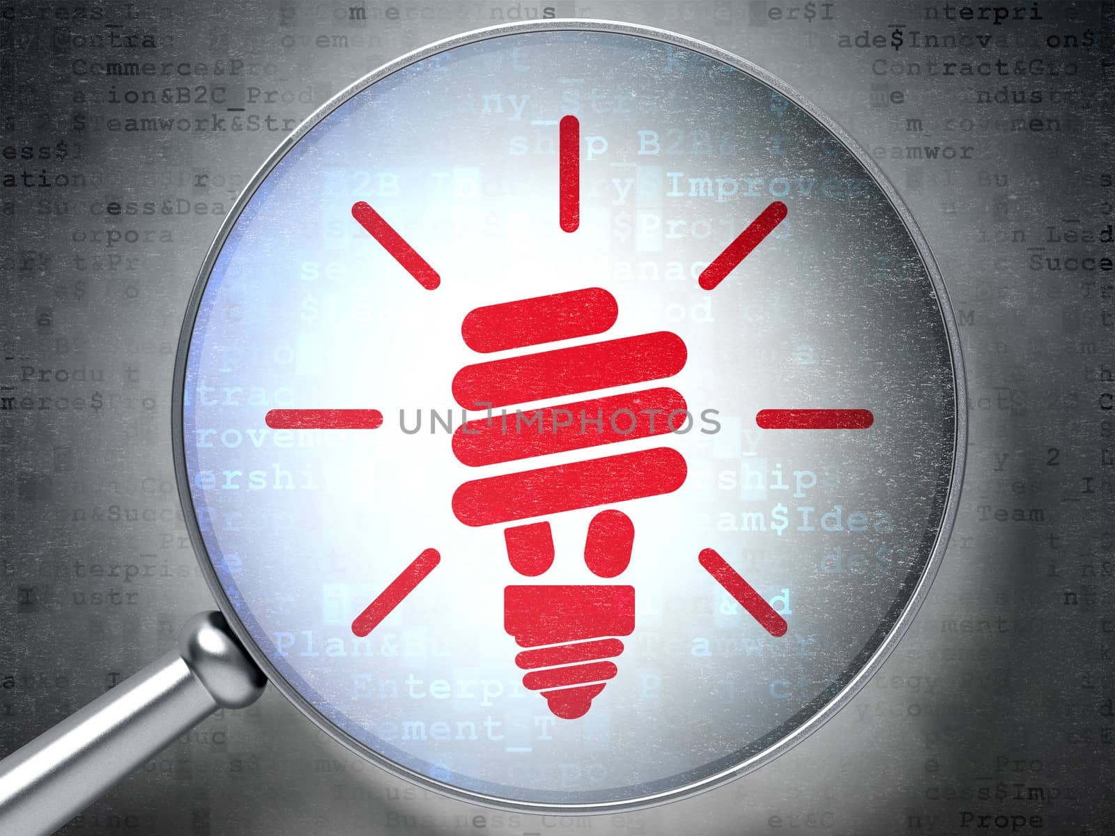 Magnifying optical glass with Energy Saving Lamp icon on digital background, 3d render