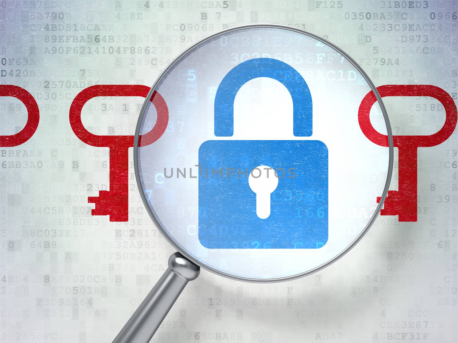 Magnifying optical glass with Padlock And Key icons on digital background, 3d render