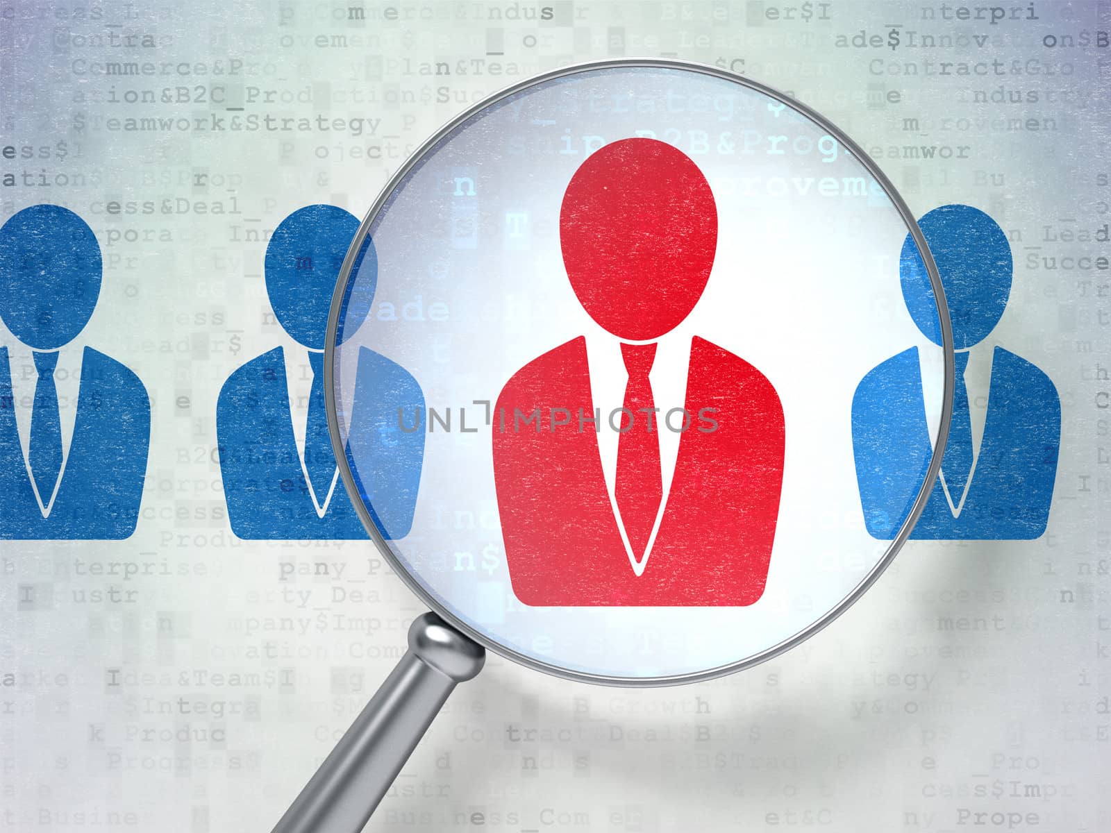 Magnifying optical glass with Business Man icons on digital background, 3d render