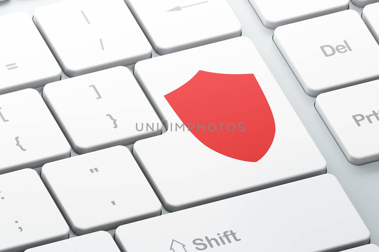 Security concept: Enter button with Shield on computer keyboard background, 3d render