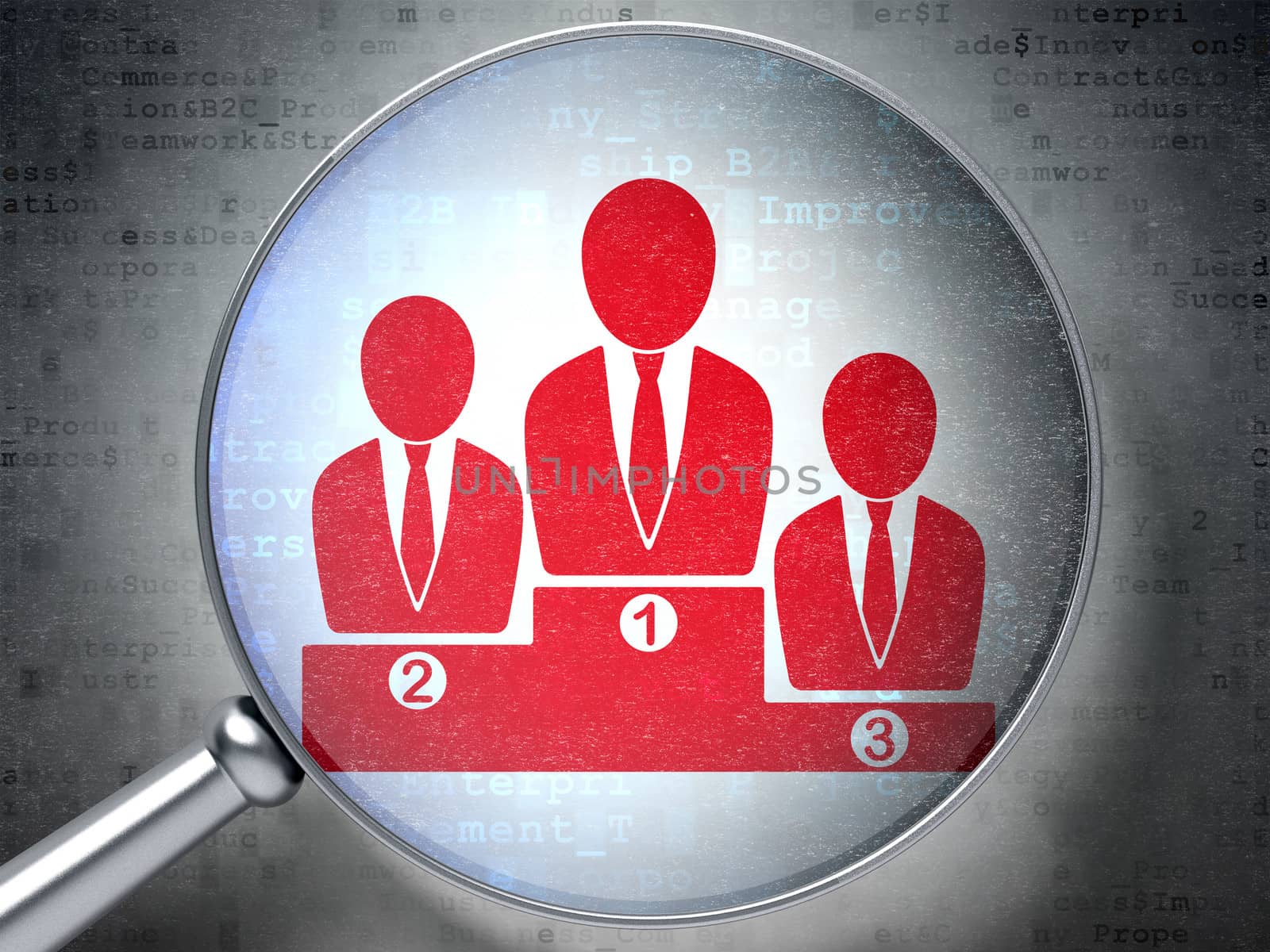 Magnifying optical glass with Business Team icon on digital background, 3d render
