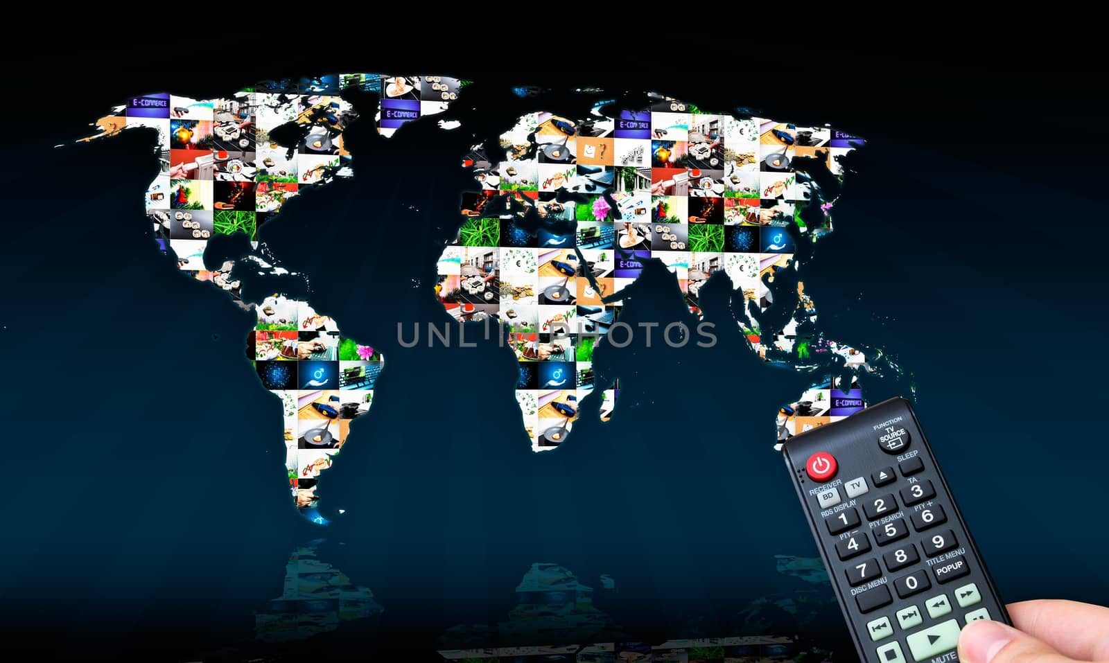 Remote control with virtual multimedia screen in background. World map composition by simpson33