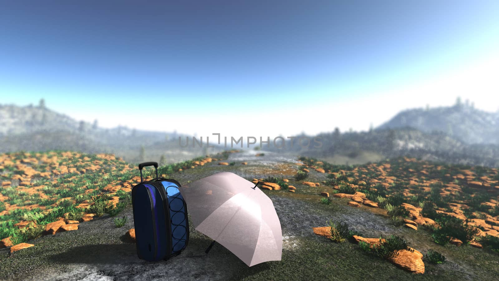 bag and umbrella on the road as adventure concept background by denisgo