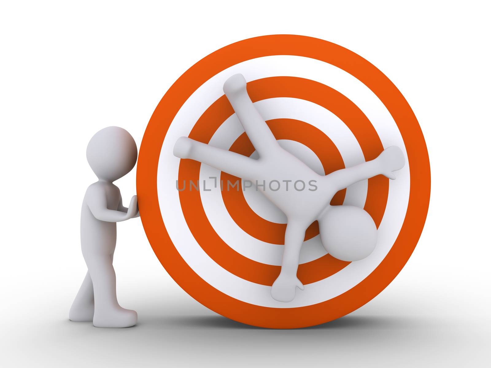 3d person is pushing a round dartboard with a man at the center of it