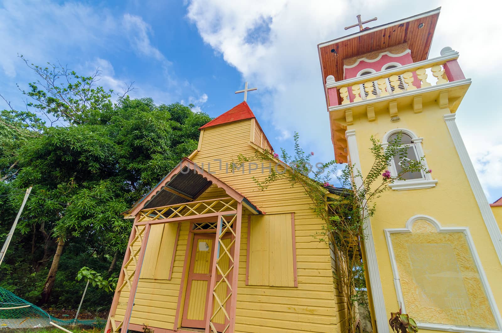 Yellow and pink church on the Caribbean island of San Andres y Providencia, Colombia
