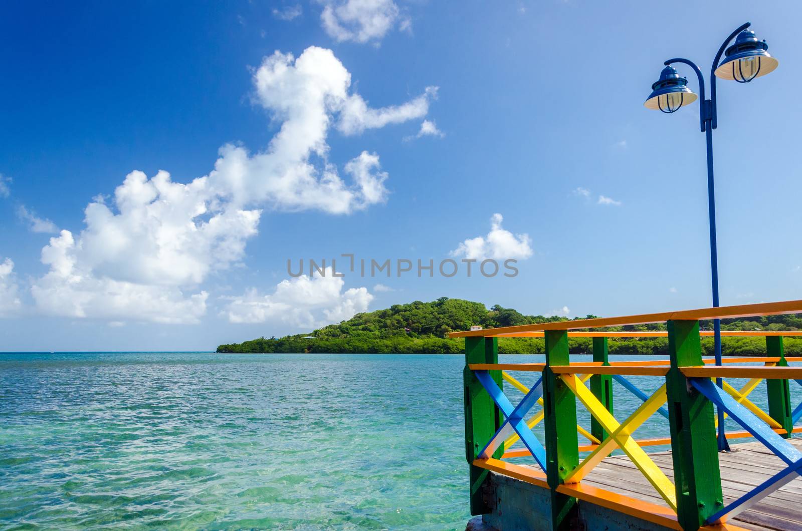 View of Caribbean Sea on a colorful bridge on San Andres y Providencia, Colombia
