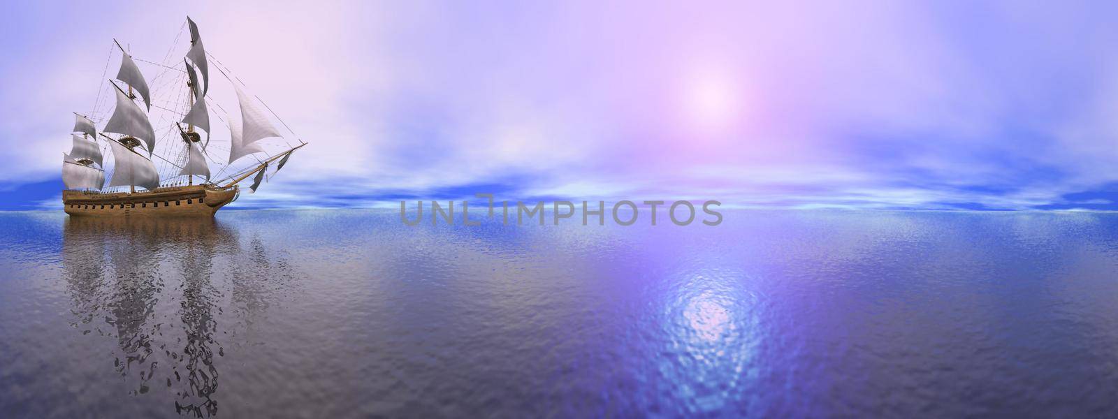 Beautiful old merchant ship floating on quiet water sunset, 360 degrees effect