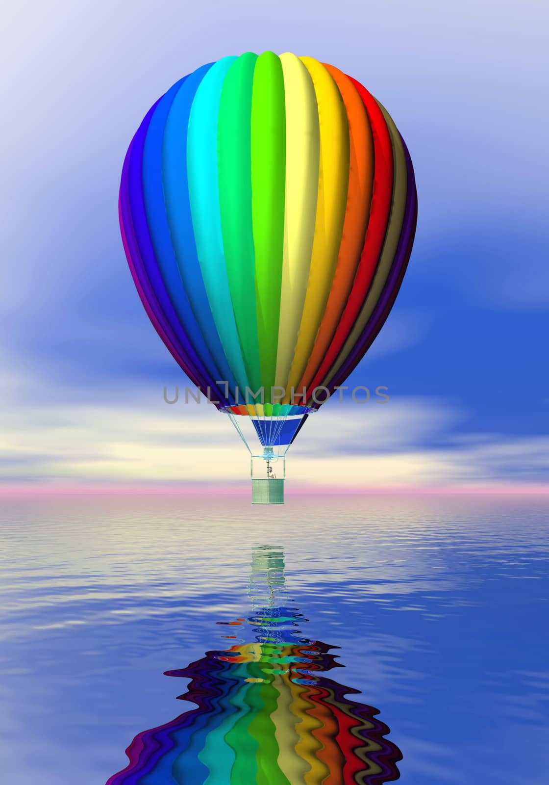 One colorful hot air balloon flying upon ocean by orange sunset light