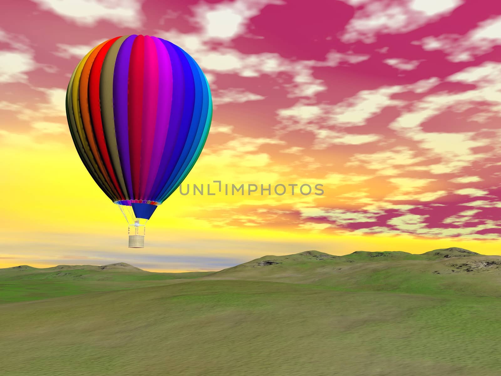 One colorful hot air balloon flying upon green grass by cloudy sunset light