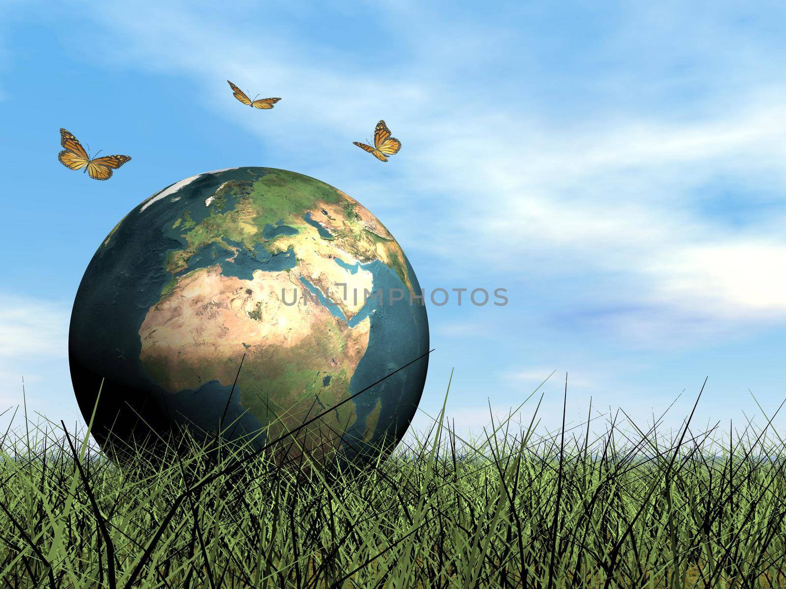 Three butterflies flying around earth standing on the green grass to protect it