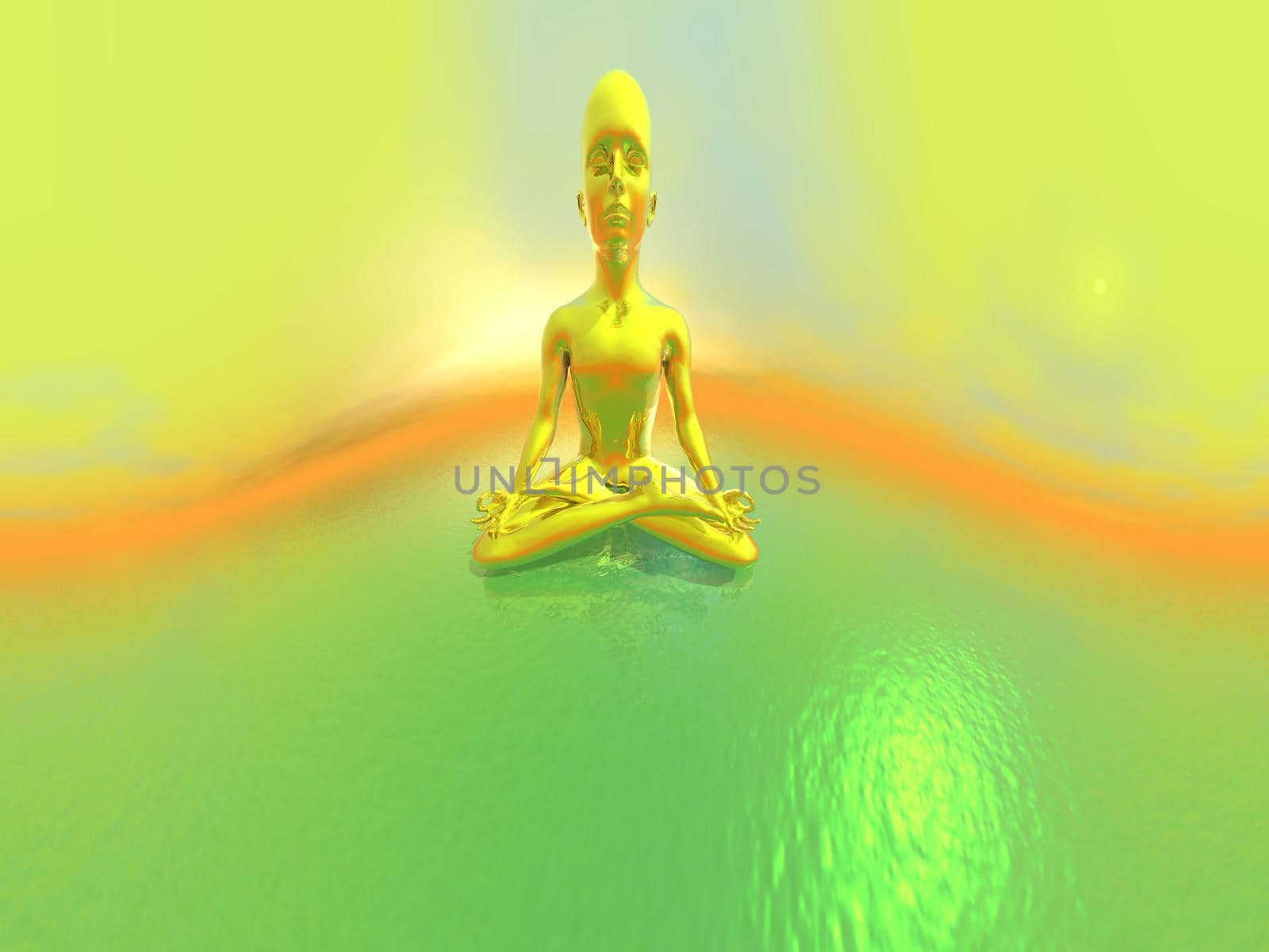 Gold man meditating upon the ocean by green and yellow day