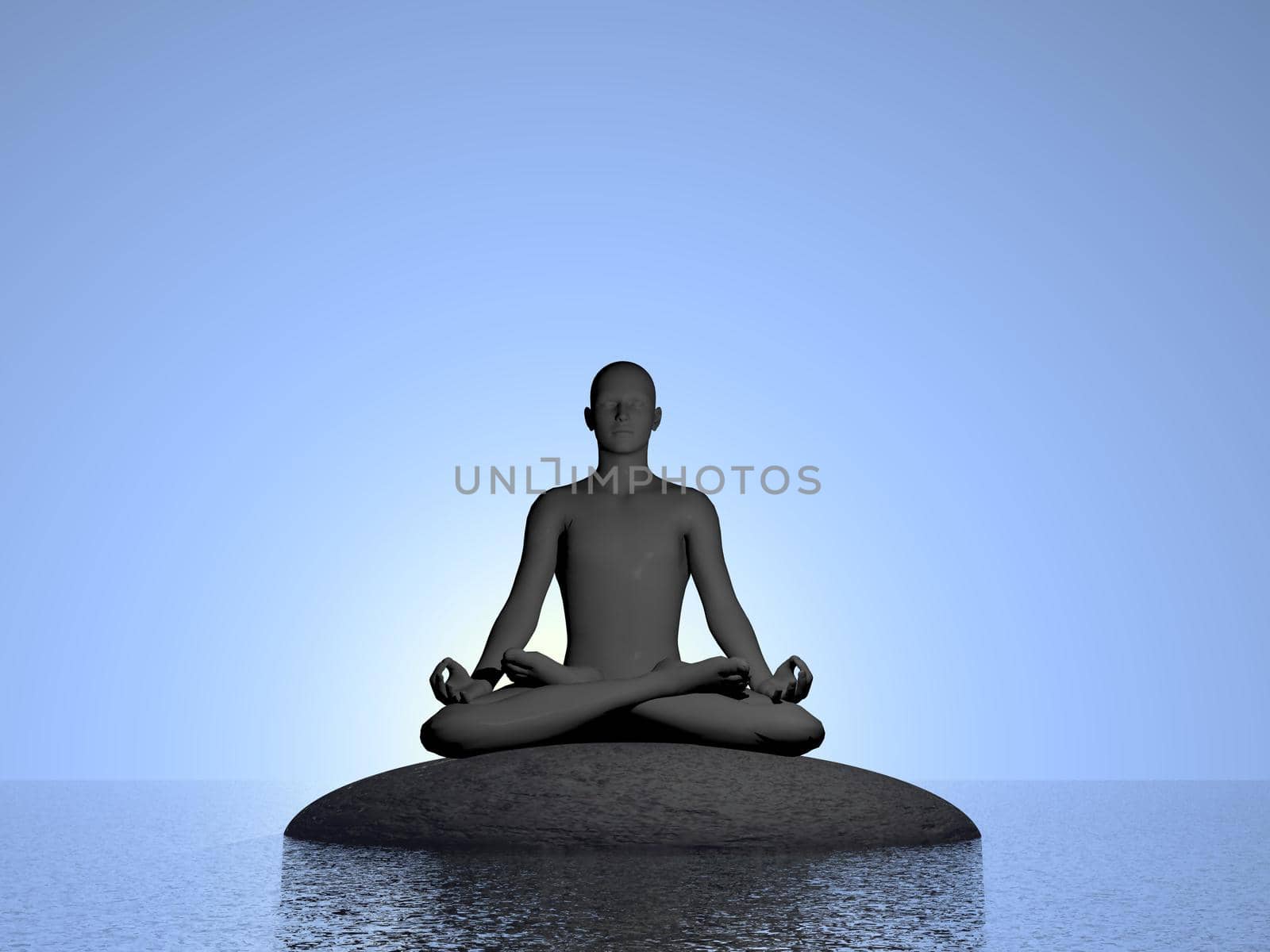 Shadow of man meditating upon a stone on the ocean in deep blue sky