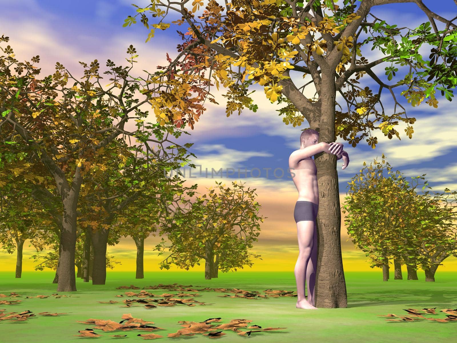 Man hugging a tree - 3D render by Elenaphotos21
